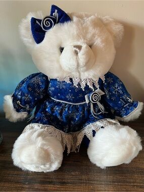 Miss White Plush Bear Blue Velvet Holiday Dress 2001 Christmas White lace